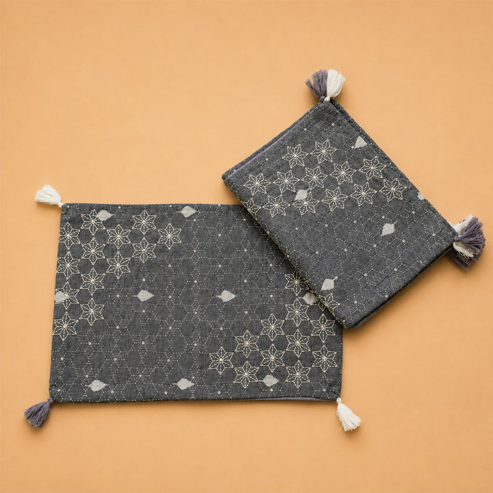 Handcrafted Grey Hand Kantha Jamdani Table Linen Gift Hamper With Runner And Table Mats For Festive Gifting