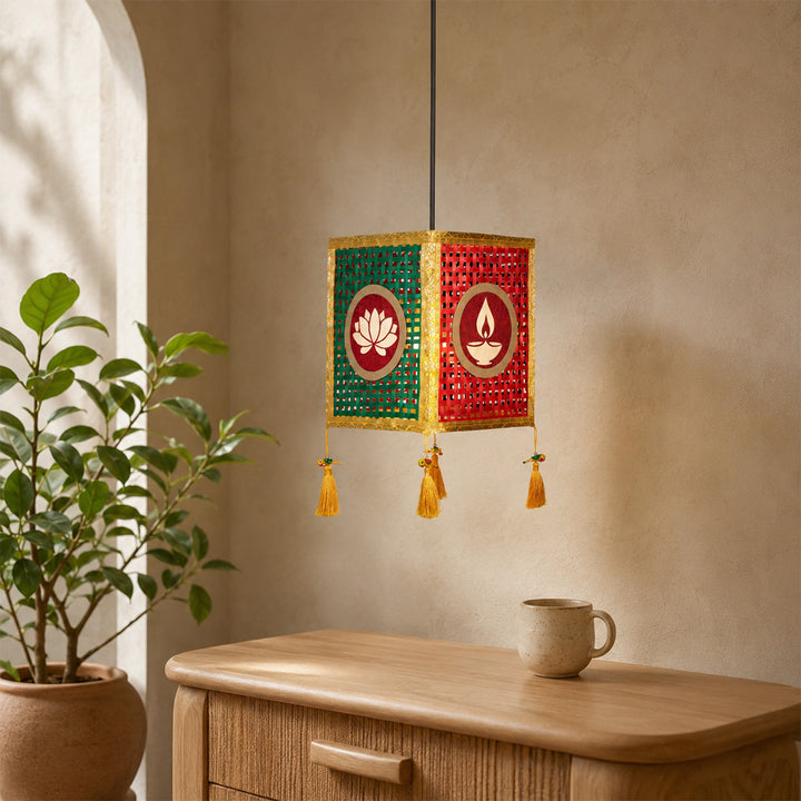 "Noor" Jaali Handwoven Red Bamboo Kandil / Lampshade For Festive Decor