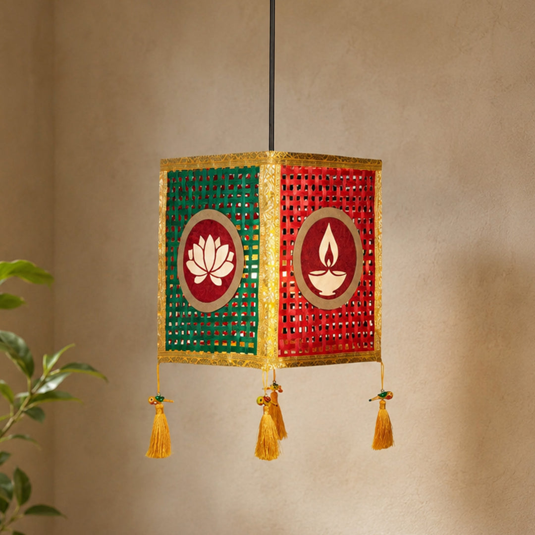 "Noor" Jaali Handwoven Red Bamboo Kandil / Lampshade For Festive Decor