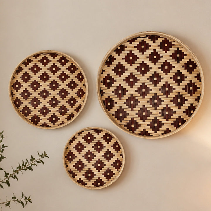 Set of 3 | "Elda" Handcrafted Woven Bamboo Wall Plate With Lacquered Finish For Festive Decor