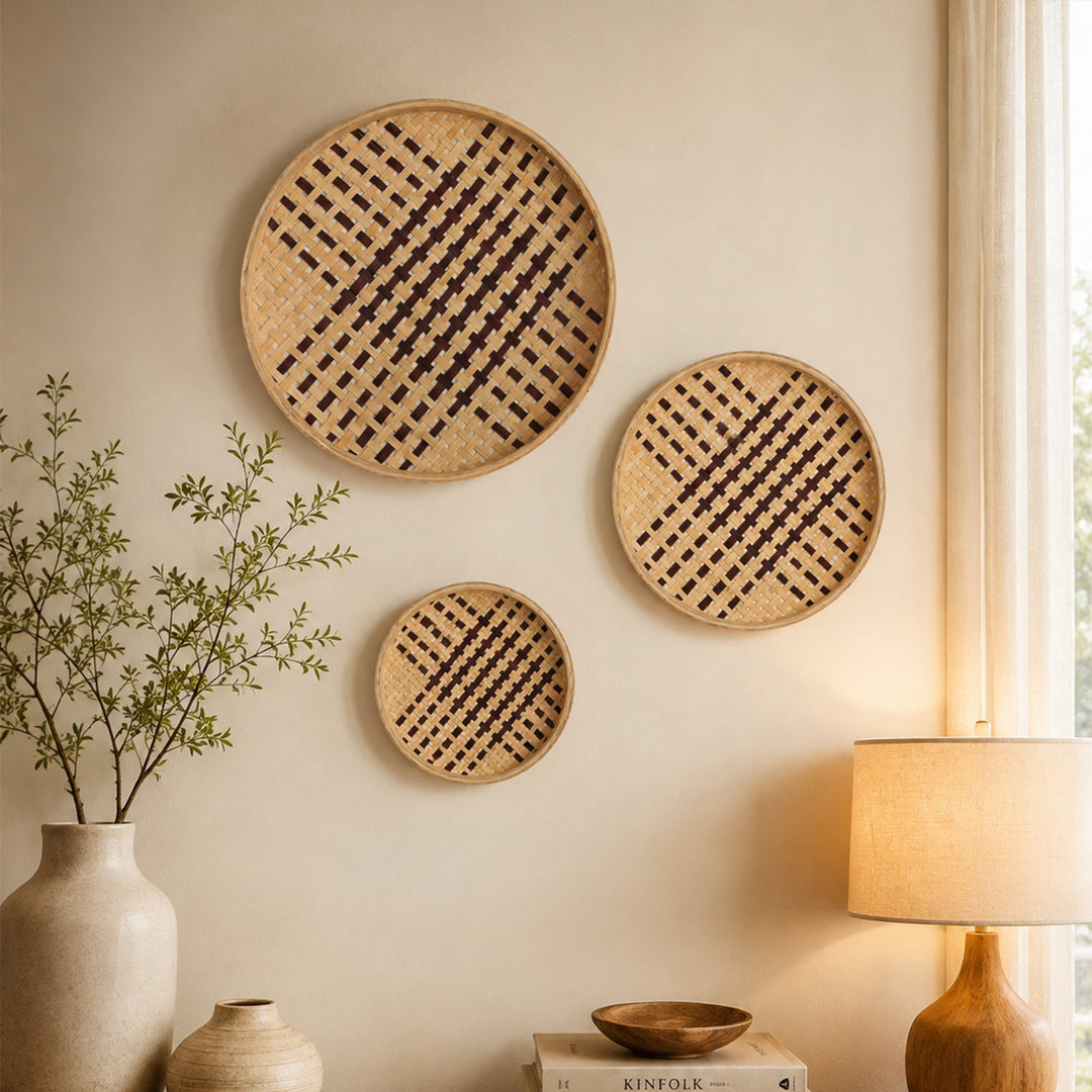 Set of 3 | "Rilo" Handcrafted Woven Bamboo Wall Plate With Lacquered Finish For Festive Decor