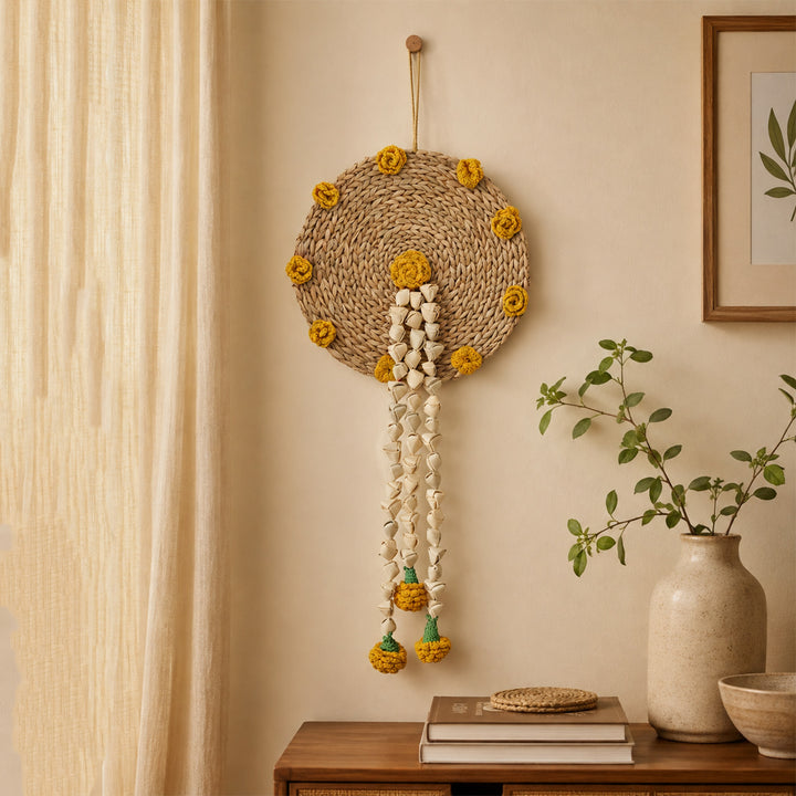 "Genda" Handcrafted Chamba Wall Hanging With Crochet Marigolds For Festive Decor