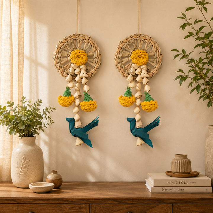 Set of 2 | "Vihang" Handcrafted Chamba Bird Wall Hanging with Crochet Marigolds For Festive Decor