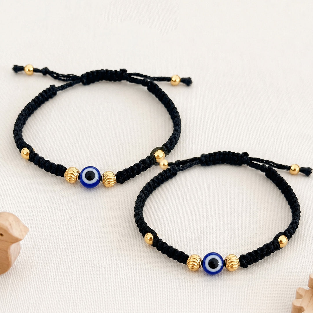 Cute Evil Eye Gold Plated Sterling Silver Kids Nazariya Thread Rakhis With Roli Chawal For Newborn Twins | Set of 2