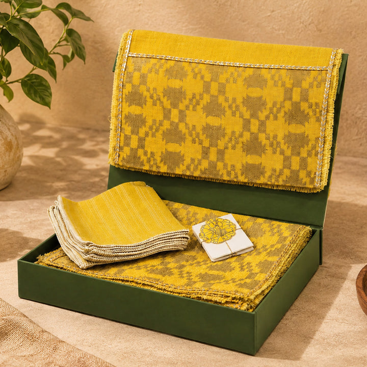 Handcrafted Yellow Screen Printed Jute Table Linen Gift Hamper With Gota Detailing For Festive Gifting