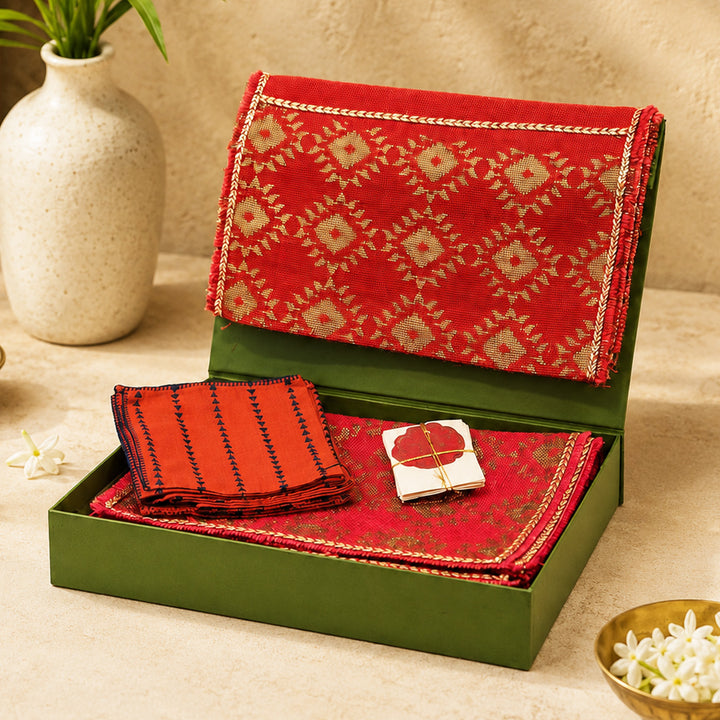 Handcrafted Red Screen Printed Jute Table Linen Gift Hamper With Gota Detailing For Festive Gifting
