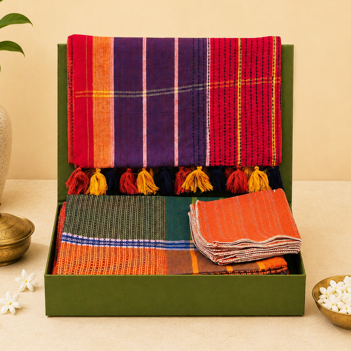 Handcrafted Orange Hand Kantha Gamcha Table Linen Gift Hamper With Runner And Table Mats For Festive Gifting