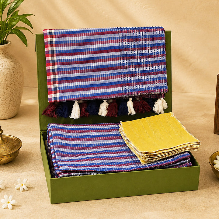 Handcrafted Blue Hand Kantha Gamcha Table Linen Gift Hamper With Runner And Table Mats For Festive Gifting