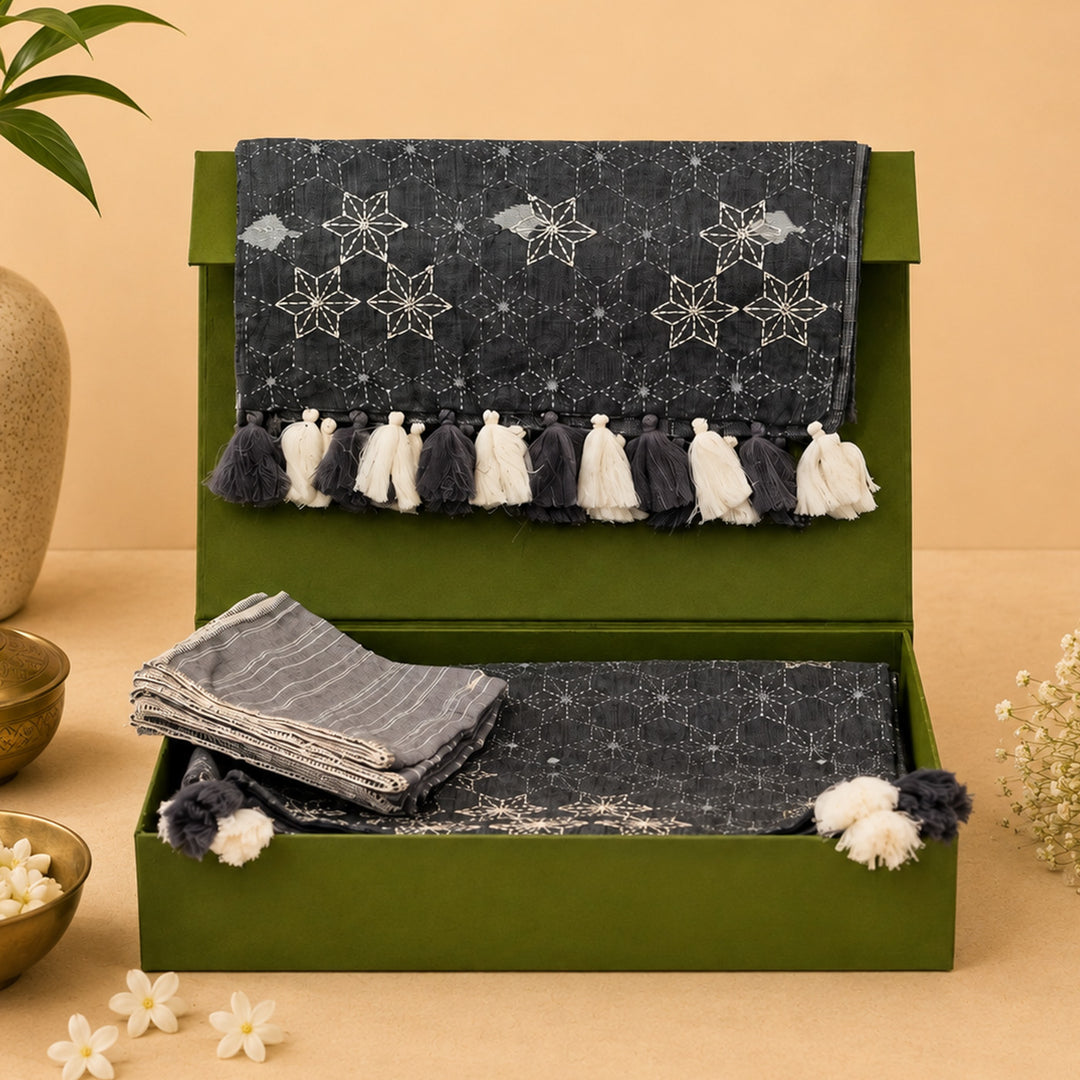 Handcrafted Grey Hand Kantha Jamdani Table Linen Gift Hamper With Runner And Table Mats For Festive Gifting
