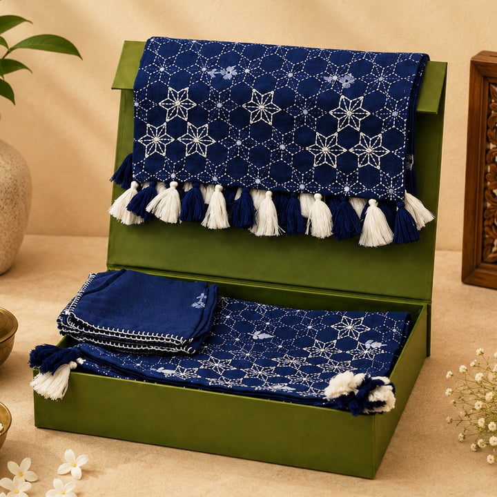 Handcrafted Blue Hand Kantha Jamdani Table Linen Gift Hamper With Runner And Table Mats For Festive Gifting