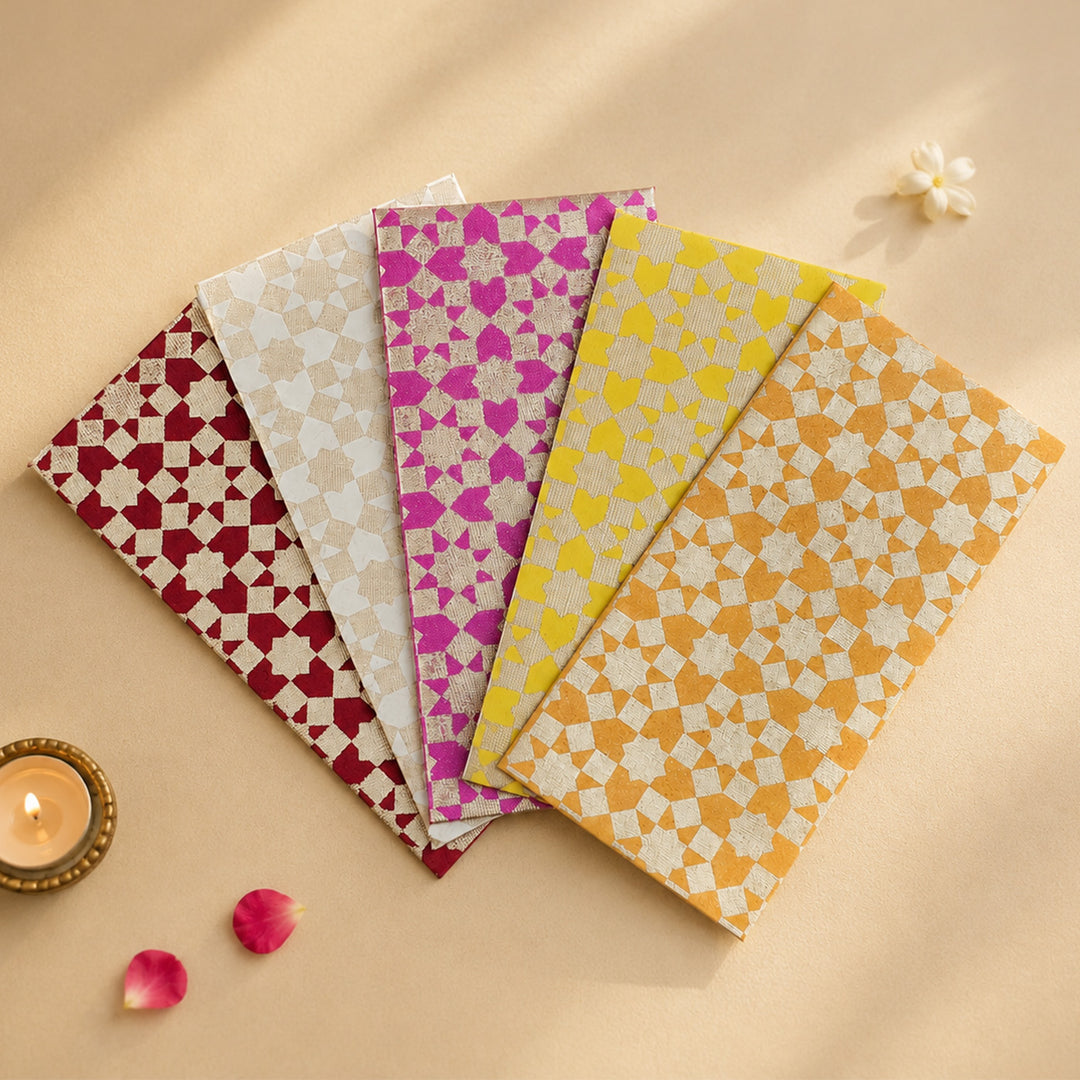 Set Of 5 "Sitara" Screen Printed Handmade Paper Gift Envelopes With Flap Closure For Festive Gifting
