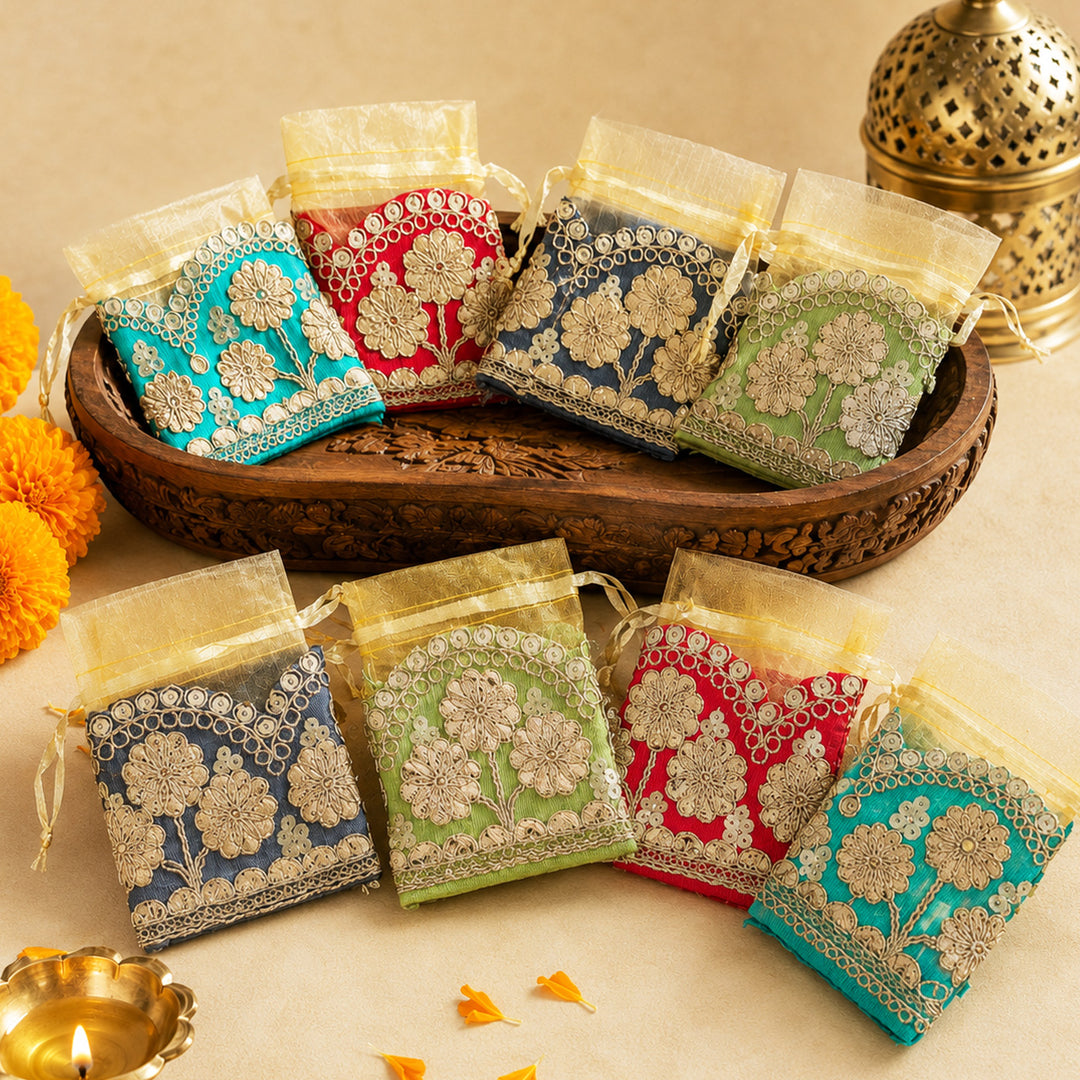 10 Pc | Gota Patti Organza Akshada Elaichi/Coin Pouch For Festive Gifting