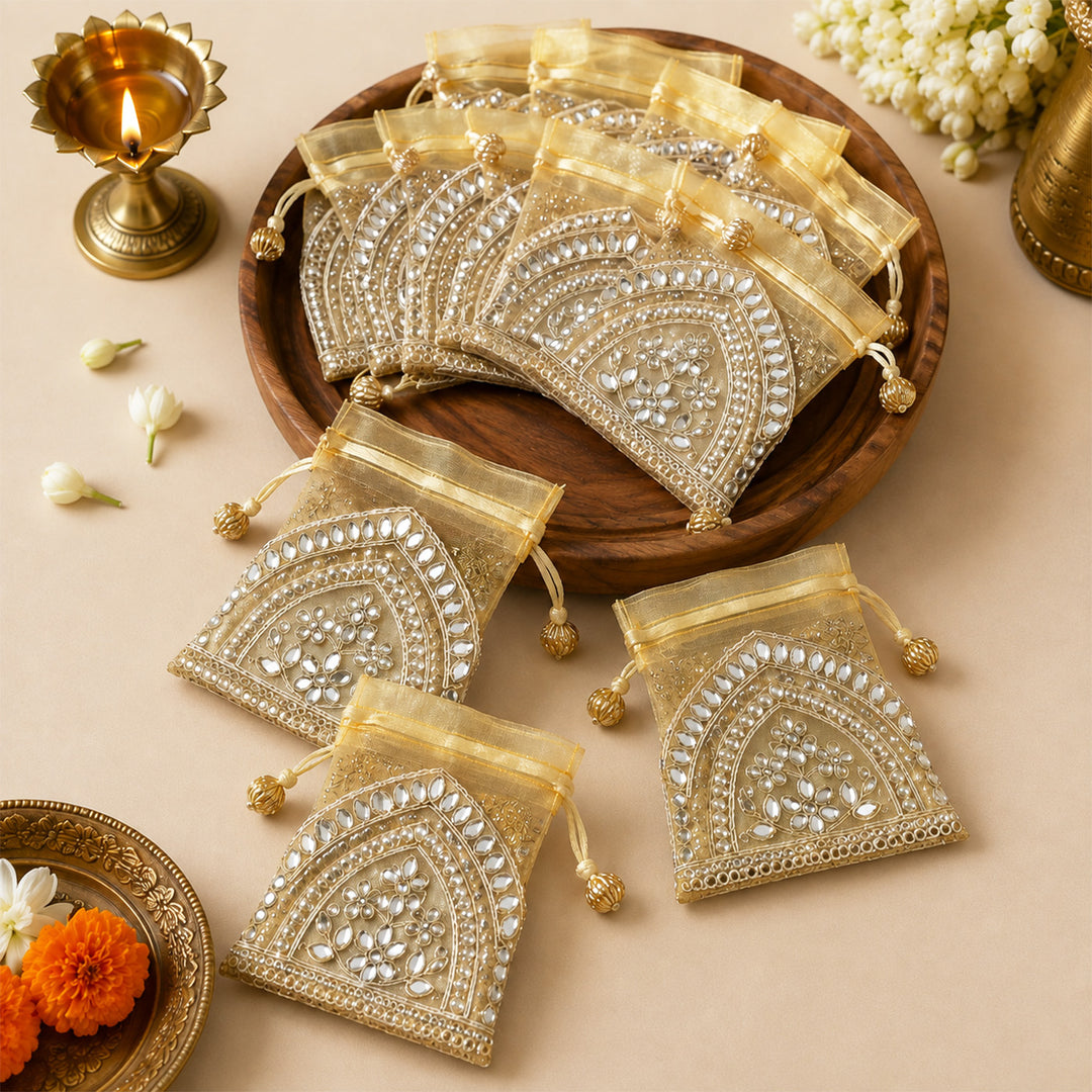 10 Pc | Gota Mirror Work Organza Coin Pouch For Festive Gifting