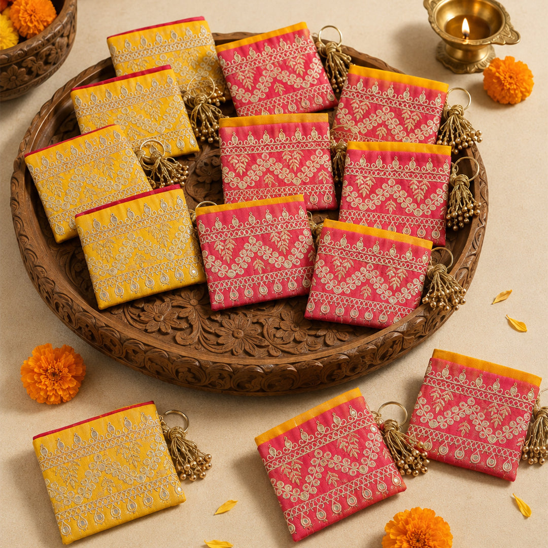 5 Pc | Intricate Sequin Fabric Coin Pouch With Key Ring For Festive Gifting