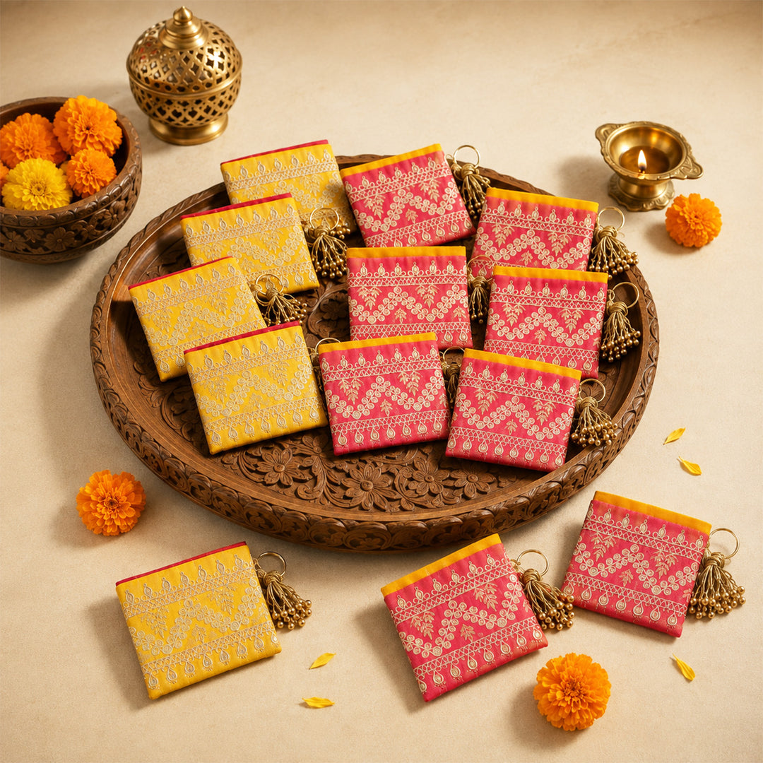 5 Pc | Intricate Sequin Fabric Coin Pouch With Key Ring For Festive Gifting