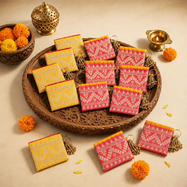 5 Pc | Intricate Sequin Fabric Coin Pouch With Key Ring For Festive Gifting