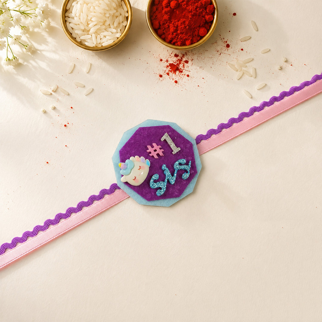 Handmade "No.1 Sis" Unicorn Theme Felt Kids Rakhi With Roli Chawal For Sister