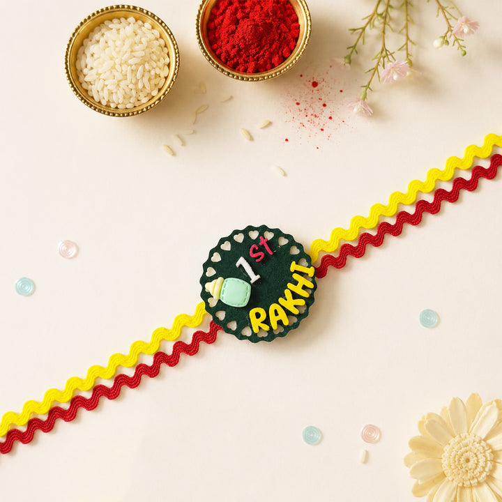 Handmade "1st Rakhi" Milk Bottle Theme Felt Kids Rakhi With Roli Chawal For Baby