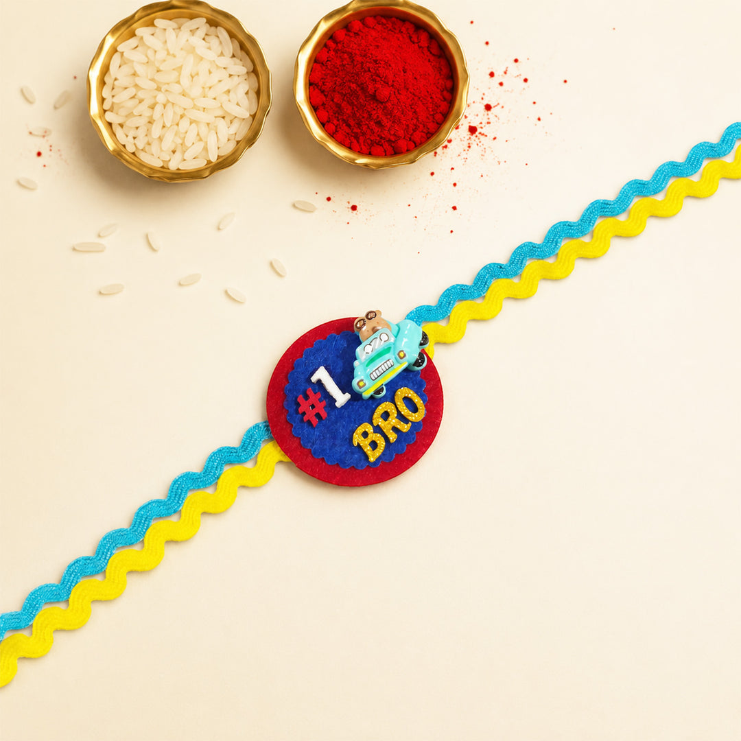 Handmade "No.1 Bro" Car Theme Felt Kids Rakhi With Roli Chawal For Brother