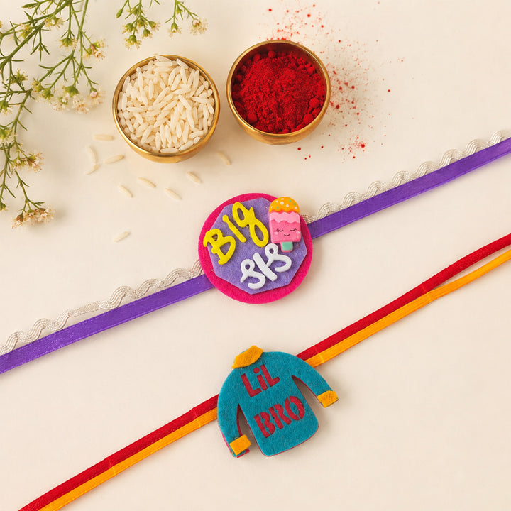 Handmade "Big Sis" Popsicle & "Lil Bro" Felt Kids Rakhi Combo With Roli Chawal For Brother & Sister | Set Of 2