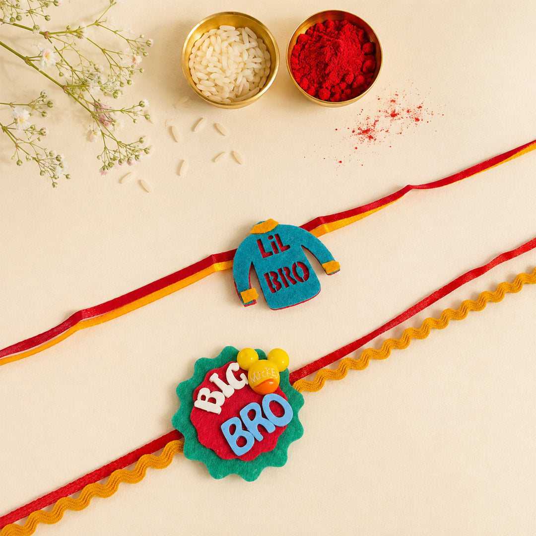 Handmade "Big Bro" Mickey Yellow & "Lil Bro" Felt Kids Rakhi Combo With Roli Chawal For Brothers | Set Of 2
