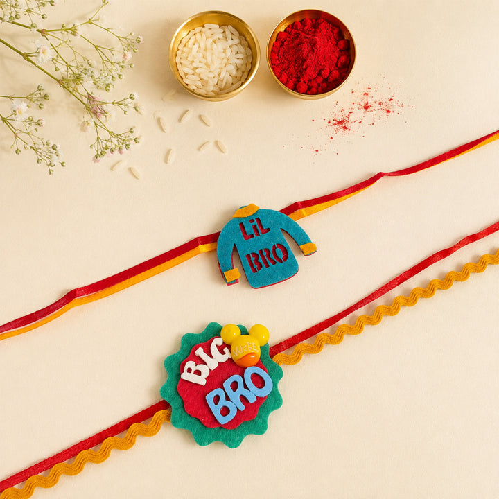 Handmade "Big Bro" Mickey Yellow & "Lil Bro" Felt Kids Rakhi Combo With Roli Chawal For Brothers | Set Of 2