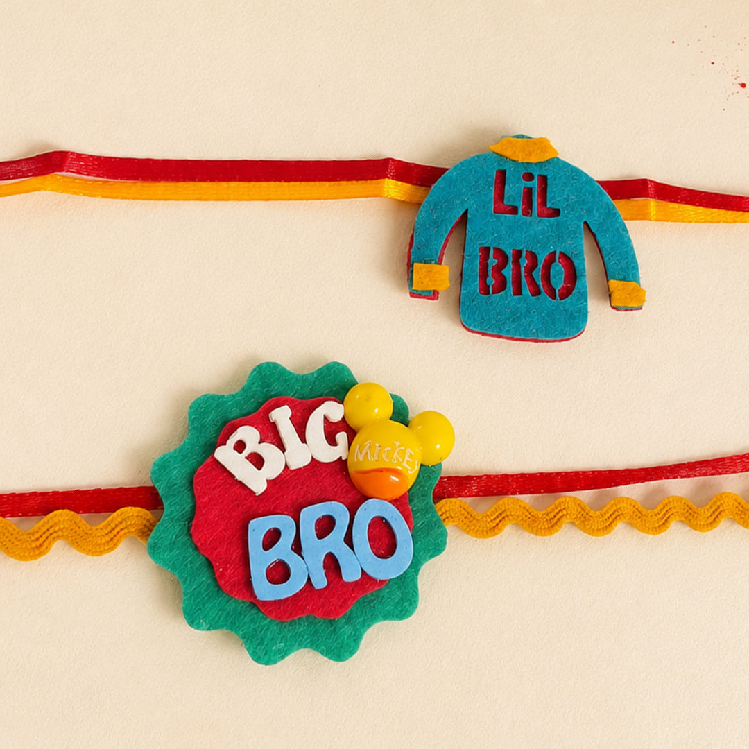 Handmade "Big Bro" Mickey Yellow & "Lil Bro" Felt Kids Rakhi Combo With Roli Chawal For Brothers | Set Of 2