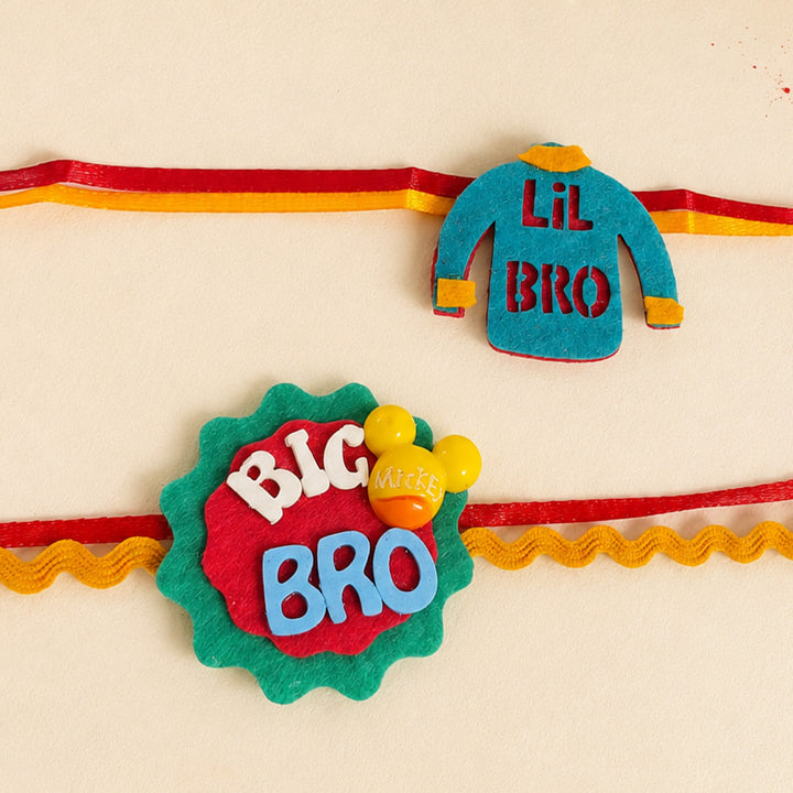 Handmade "Big Bro" Mickey Yellow & "Lil Bro" Felt Kids Rakhi Combo With Roli Chawal For Brothers | Set Of 2