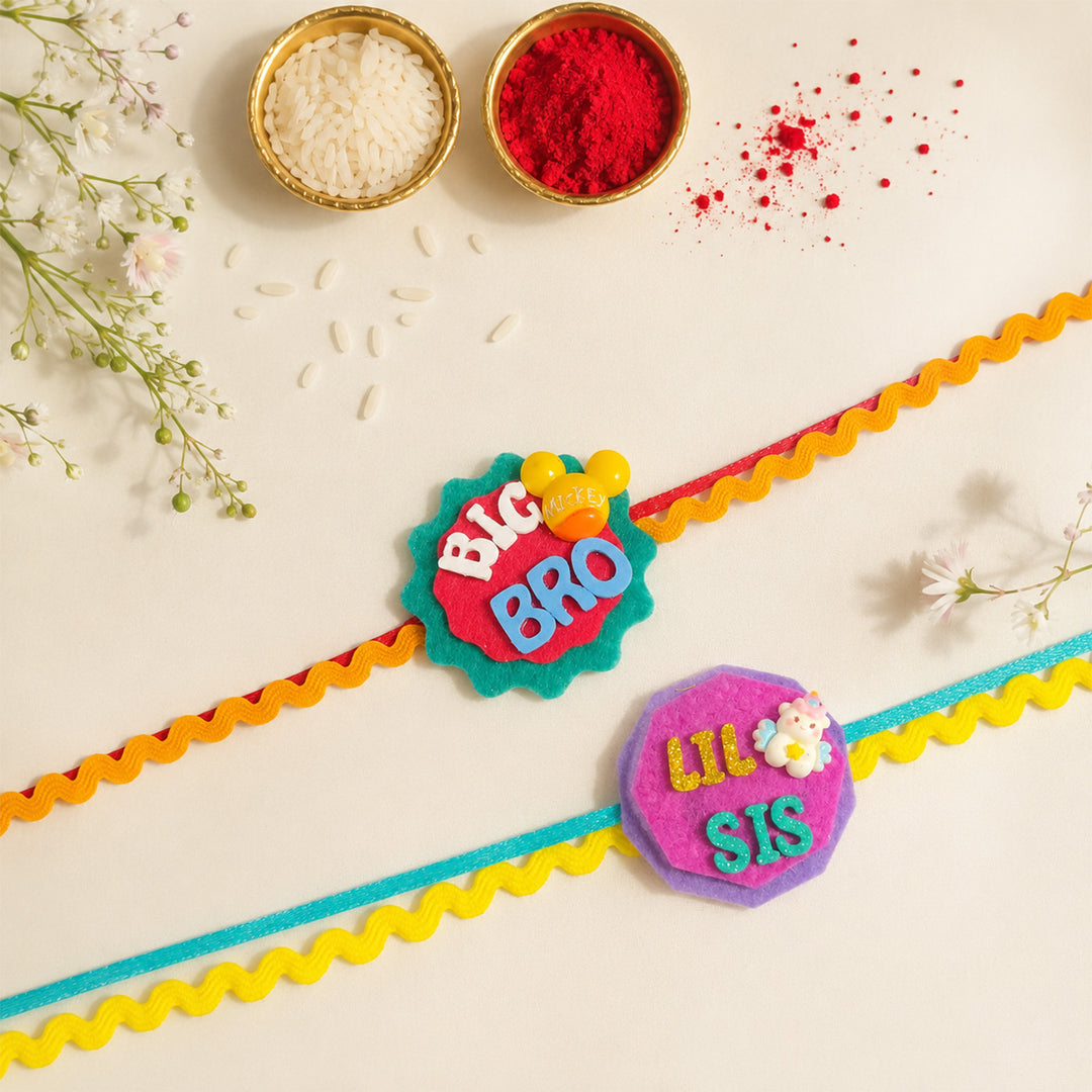 Handmade "Big Bro" Mickey & "Lil Sis" Unicorn Felt Kids Rakhi Combo With Roli Chawal For Brother & Sister | Set Of 2