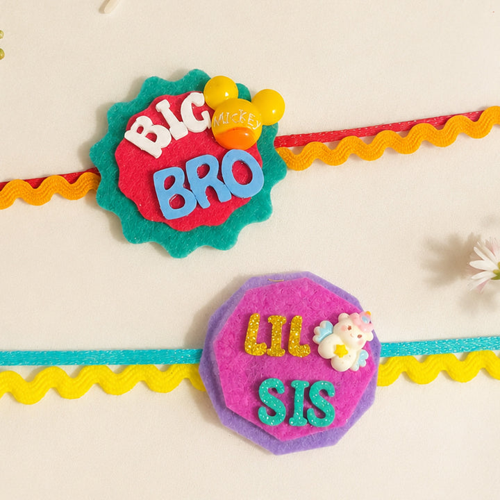 Handmade "Big Bro" Mickey & "Lil Sis" Unicorn Felt Kids Rakhi Combo With Roli Chawal For Brother & Sister | Set Of 2