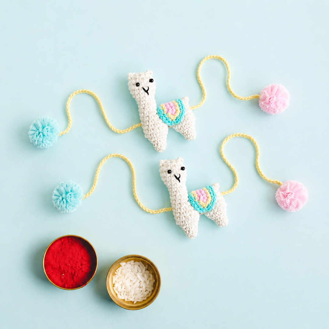 2 Pc | Handmade Crochet Llama Drama Rakhi Set With Roli Chawal For Twins