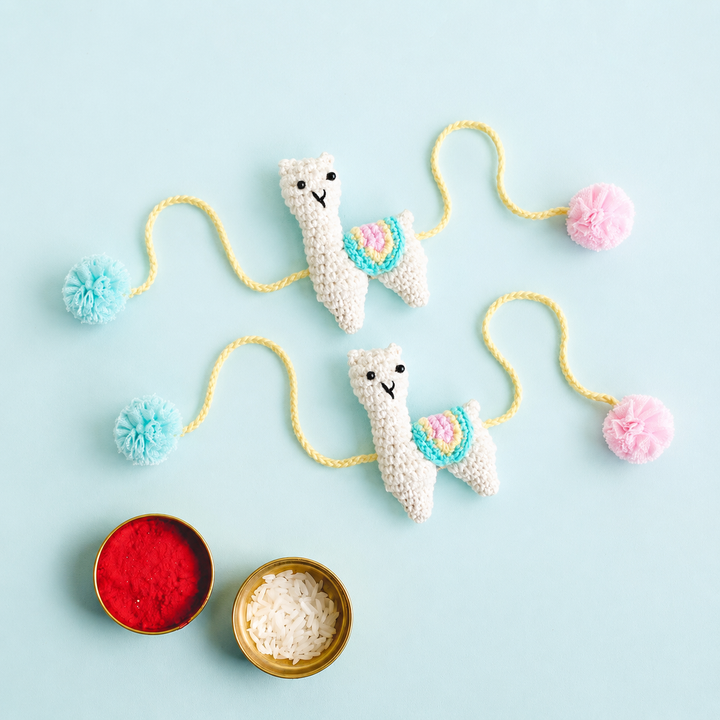 2 Pc | Handmade Crochet Llama Drama Rakhi Set With Roli Chawal For Twins