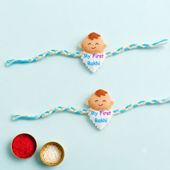 2 Pc | Handmade "My First Rakhi" Rakhi Set For Newborn Twins With Roli Chawal