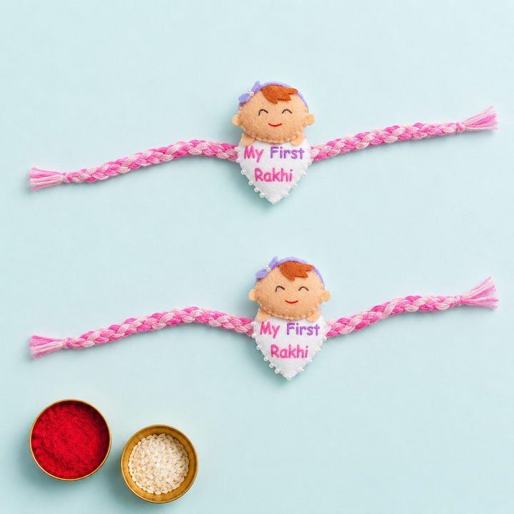 2 Pc | Handmade "My First Rakhi" Rakhi Set For Newborn Twins With Roli Chawal