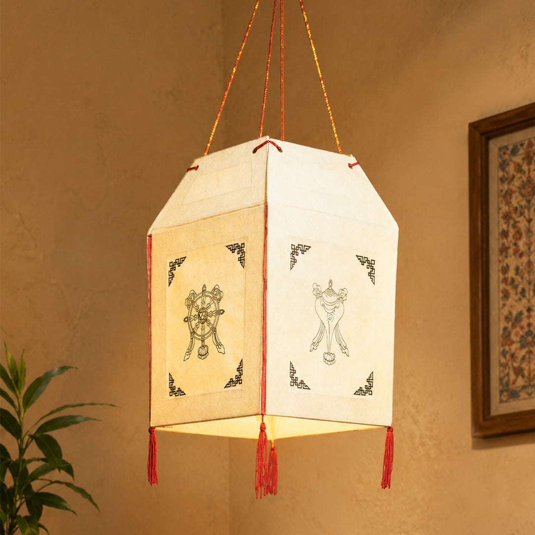 Handpainted Tibetan Motif Foldable Handmade Paper Hanging Lampshade With Tassels For Home Decor