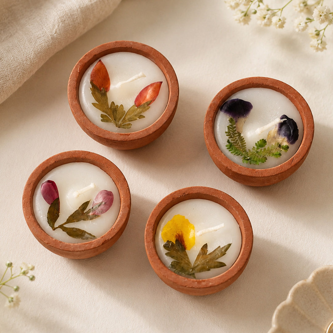Set Of 4 | Handmade Dried Flower Scented Terracotta Candle For Festive Home Decor