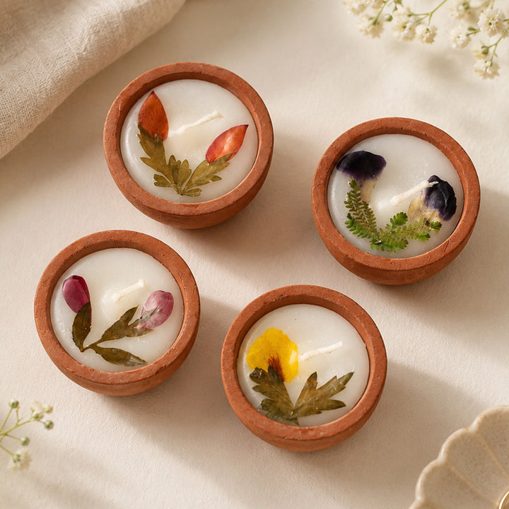 Set Of 4 | Handmade Dried Flower Scented Terracotta Candle For Festive Home Decor