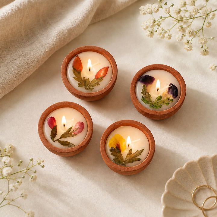 Set Of 4 | Handmade Dried Flower Scented Terracotta Candle For Festive Home Decor
