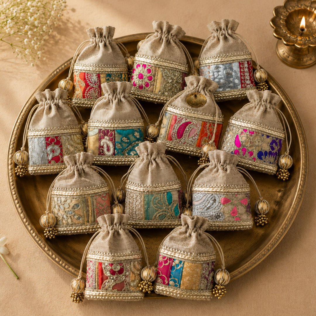 10 Pc | Jute Fabric Ginni Coin Pouch With Vibrant Patchwork For Festive Gifting