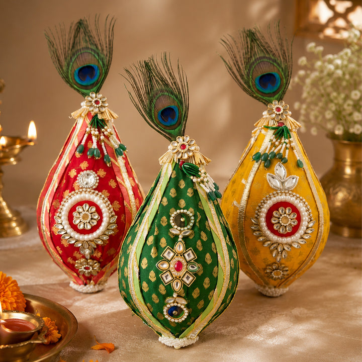 Brocade Morpankh Decorated Nariyal Shrifal/Coconut With Kundan Detailing For Festive Gifting