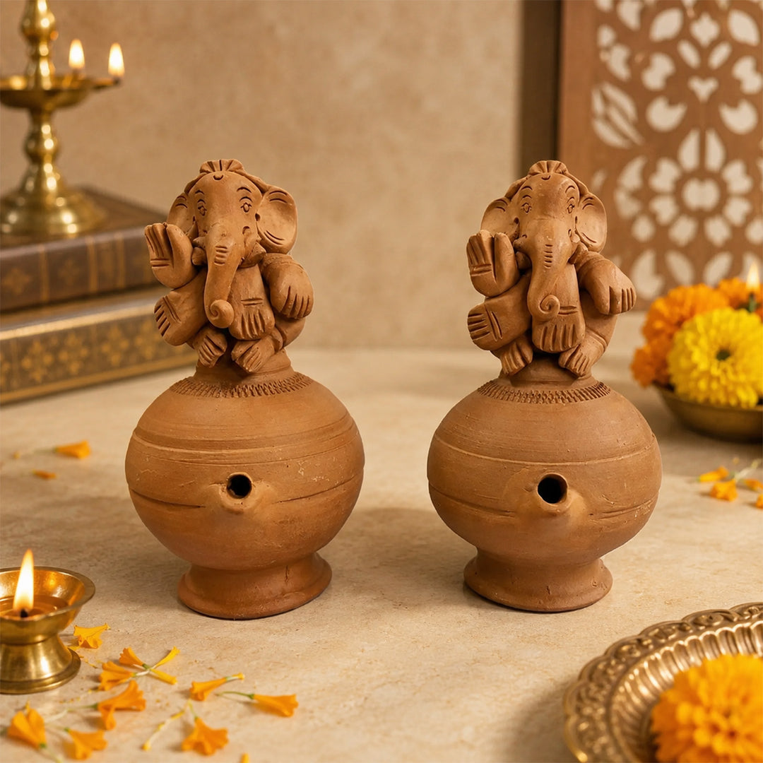 Set Of 2 | "Ganesh Magic" Handmade Terracotta Oil Lamp For Festive Decor