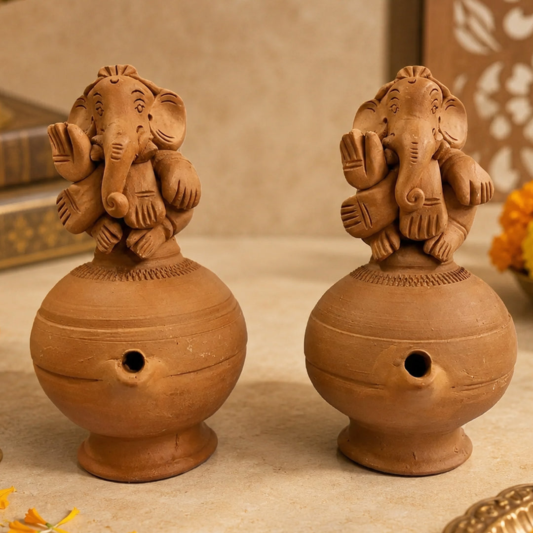 Set Of 2 | "Ganesh Magic" Handmade Terracotta Oil Lamp For Festive Decor