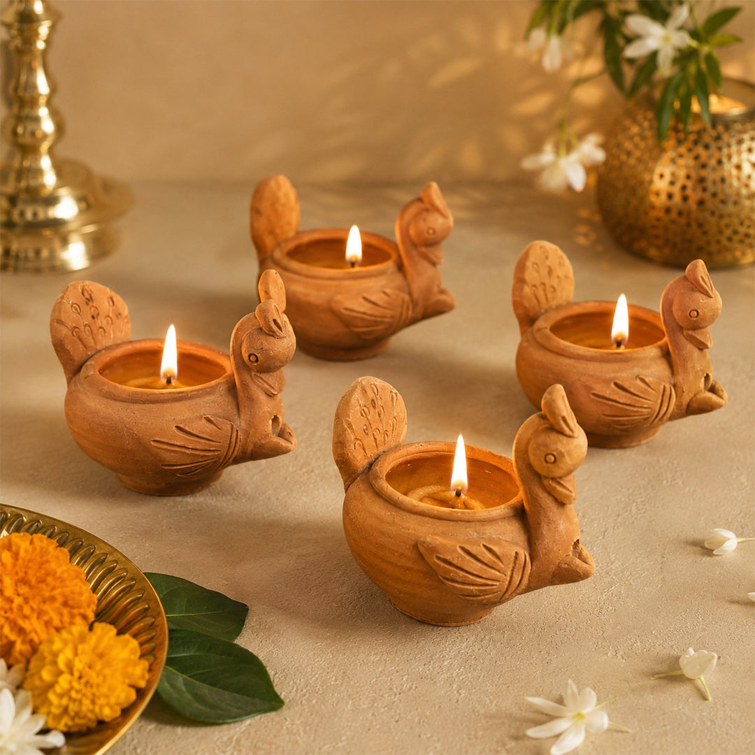 Set Of 4 | Handmade Peacock Terracotta Diya For Festive Decor
