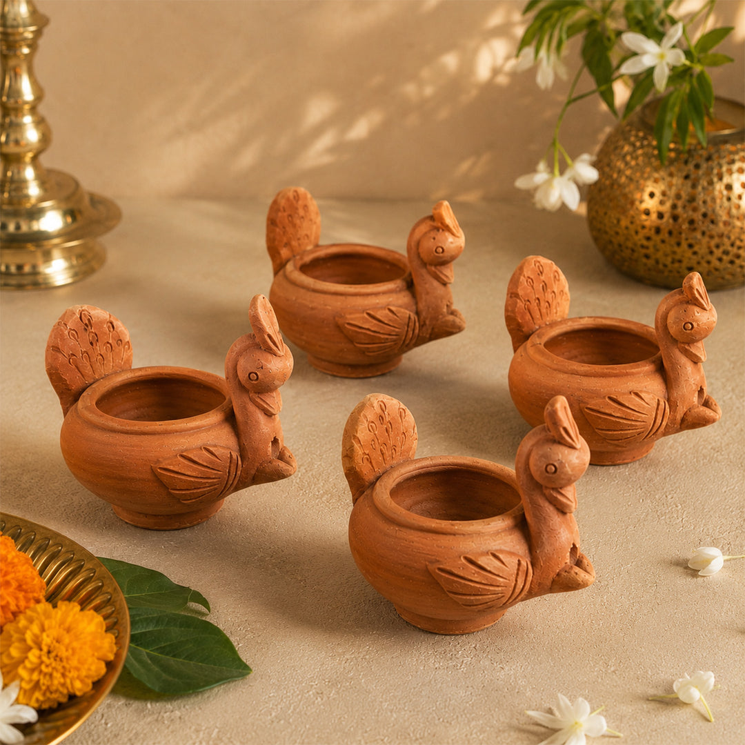 Set Of 4 | Handmade Peacock Terracotta Diya For Festive Decor
