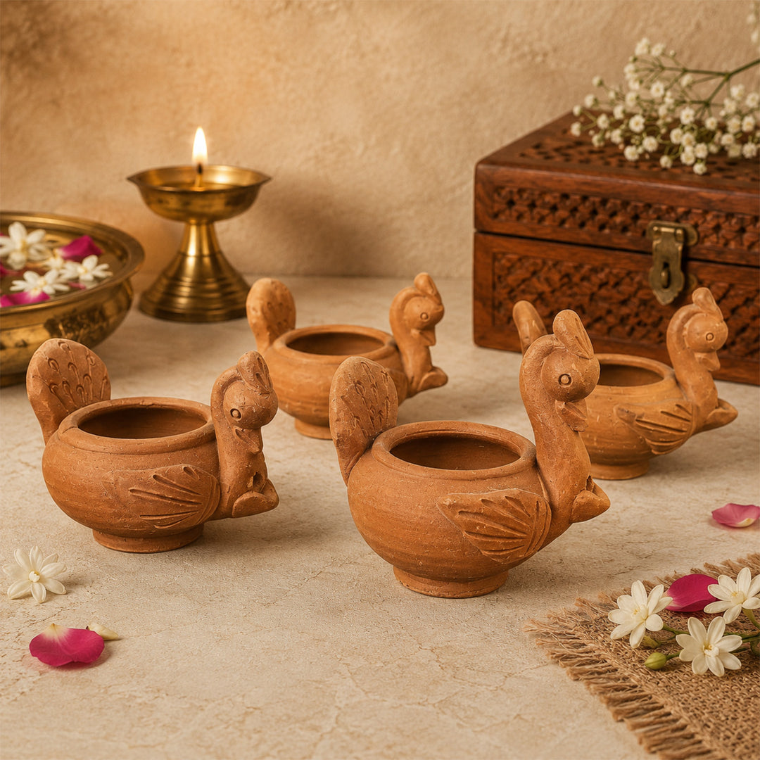 Set Of 4 | Handmade Peacock Terracotta Diya For Festive Decor