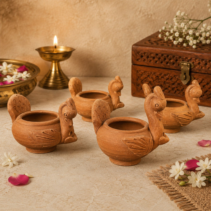 Set Of 4 | Handmade Peacock Terracotta Diya For Festive Decor