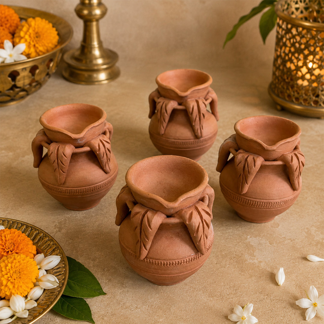 Set Of 4 | Handmade Kalash Terracotta Diya For Festive Decor