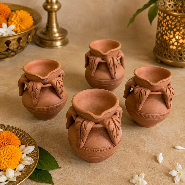 Set Of 4 | Handmade Kalash Terracotta Diya For Festive Decor