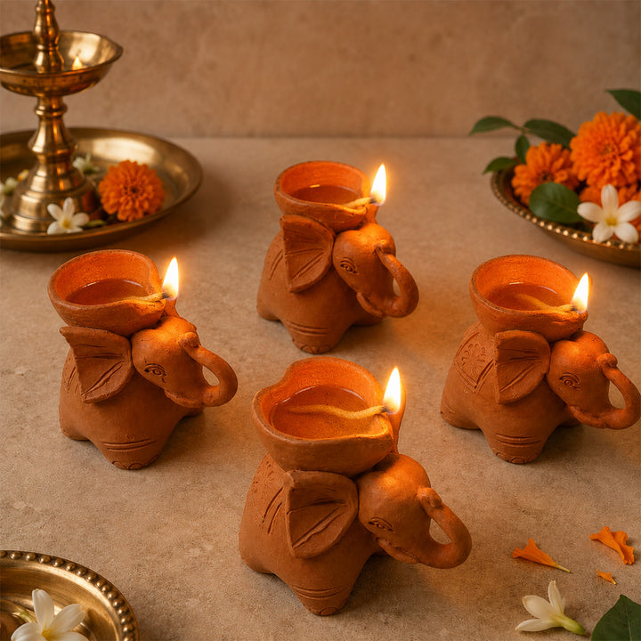 Set Of 4 | Handmade Elephant Terracotta Diya For Festive Decor