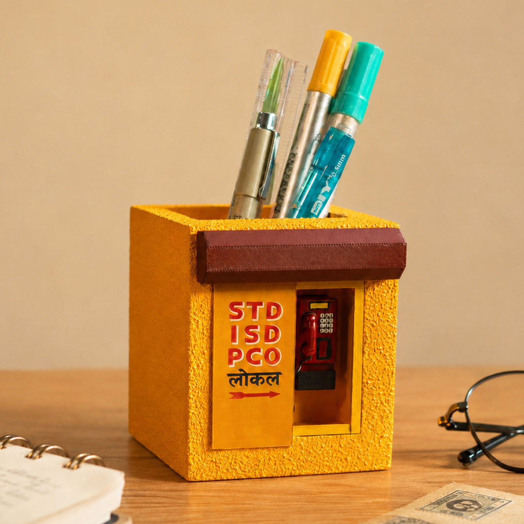 Personalized Handmade Miniature Telephone Booth Themed Pen Stand For Decor